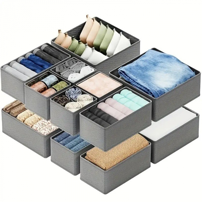 Organizator pentru Sertar, , 3 Marimi, pentru Lenjerie, Tricouri, Sosete, 6 Piese, Pliabil, Stivuibil, din Tesatura, Gri [4]