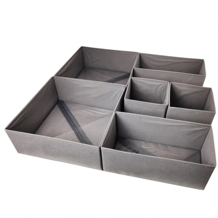 Organizator pentru Sertar, , 3 Marimi, pentru Lenjerie, Tricouri, Sosete, 6 Piese, Pliabil, Stivuibil, din Tesatura, Gri [1]