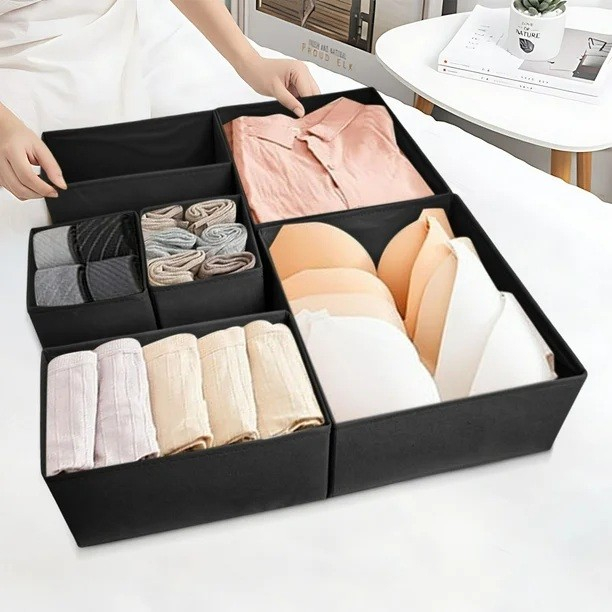 Organizator pentru Sertar, , 3 Marimi, pentru Lenjerie, Tricouri, Sosete, 6 Piese, Pliabil, Stivuibil, din Tesatura, Negru [2]