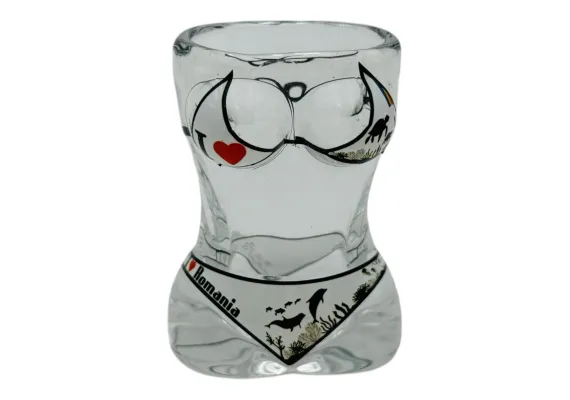 Pahar Shot Bust Feminin „I LOVE ROMANIA”, Sticlă, 6 cm, Suvenir Original  [1]