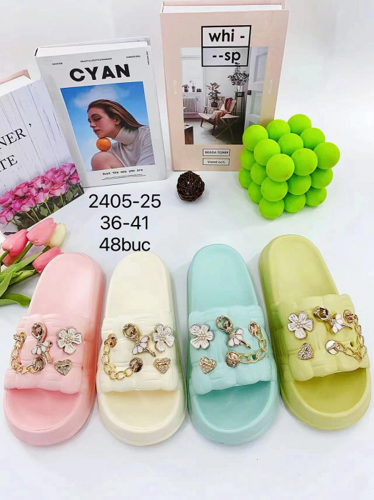 Papuci damă casual, model confortabil cu platformă și accesorii metalice, mărimi 36-41, culori pastelate,  [2]