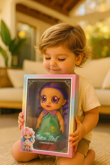 Papusa muzicala Cotton Doll cu Rochie Verde si Par Mov – Jucarie pentru Fetite, 28x20x10cm [2]