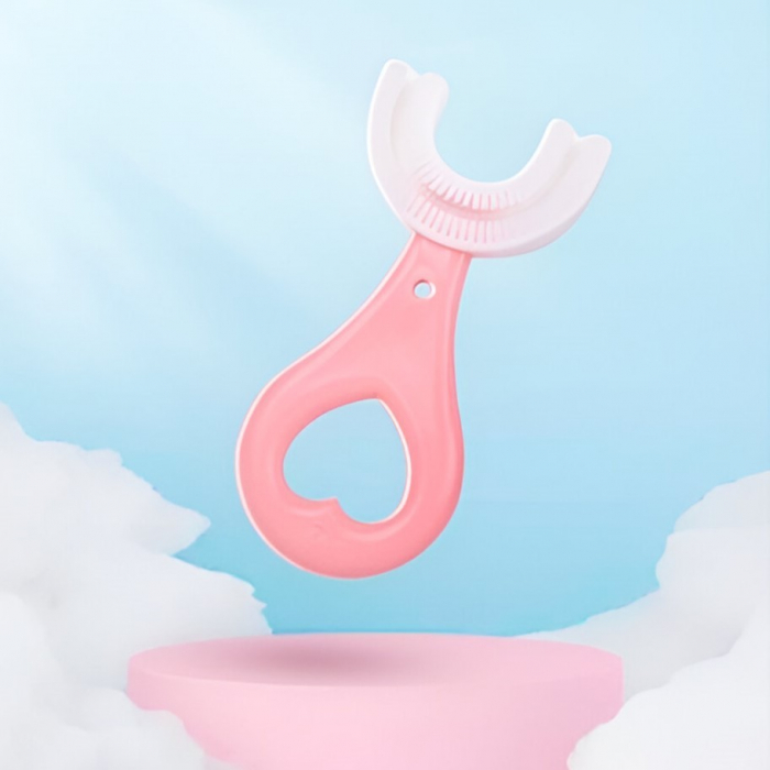 Periuta de Dinti in Forma de U, , pentru Sugari si Copii 2-6 ani, Peri Moi, 9 cm, Model Inima, Culoare Roz [2]