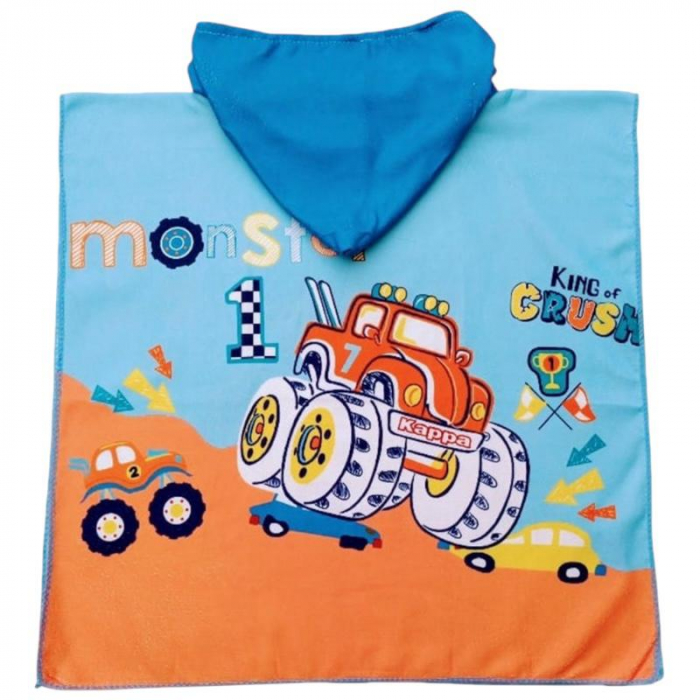 Poncho copii cu gluga 56x60 cm – model monster truck, imprimeu King of Crush, din poliester moale, ideal pentru plaja si baie,  [3]