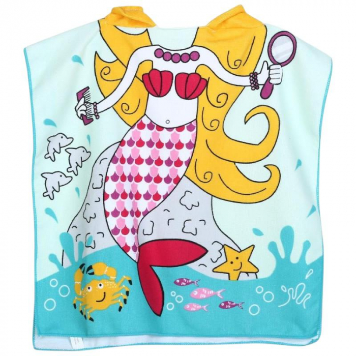 Poncho plaja copii cu gluga 56x60 cm – model sirena colorata, moale si absorbant, pentru baie, mare sau piscina –  [2]