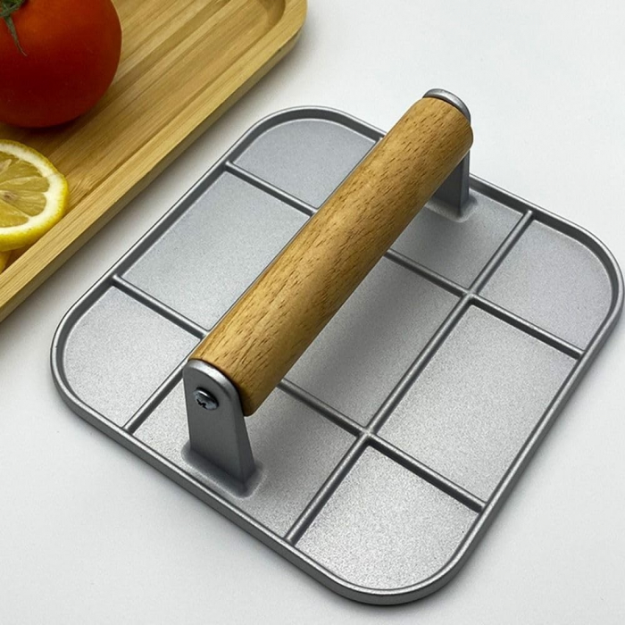 Presa Manuala pentru Carne, , din Aliaj de Aluminiu, Maner din Lemn, Presa pentru Burgeri, Usor de Curatat si Folosit, Patrata, 16x16x6 cm, Gri [4]