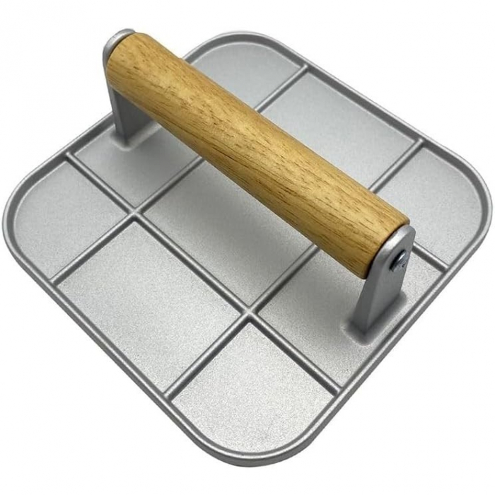 Presa Manuala pentru Carne, , din Aliaj de Aluminiu, Maner din Lemn, Presa pentru Burgeri, Usor de Curatat si Folosit, Patrata, 16x16x6 cm, Gri [1]