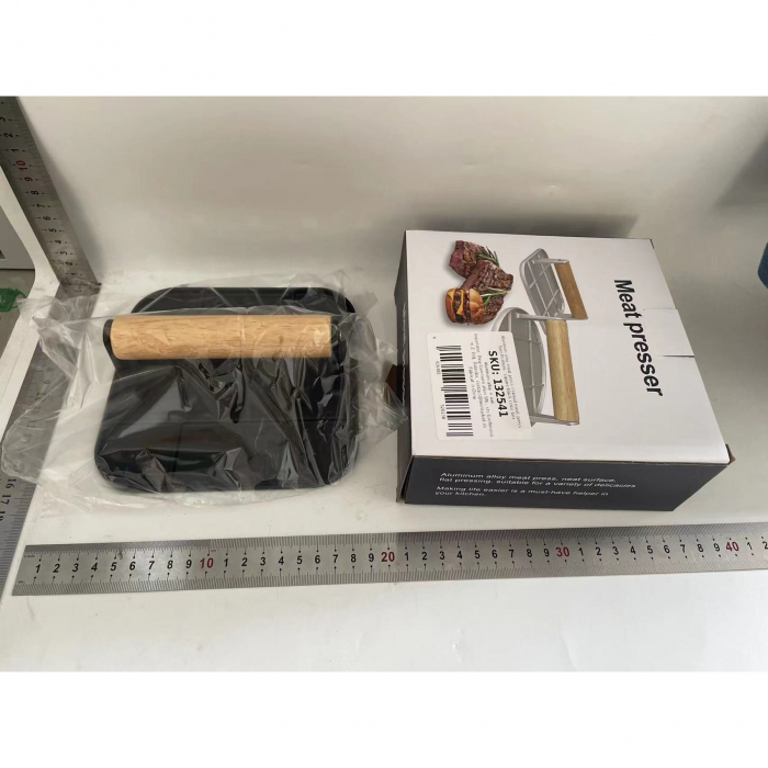 Presa Manuala pentru Carne, , din Aliaj de Aluminiu, Maner din Lemn, Presa pentru Burgeri, Usor de Curatat si Folosit, Patrata, 16x16x6 cm, Neagra [2]