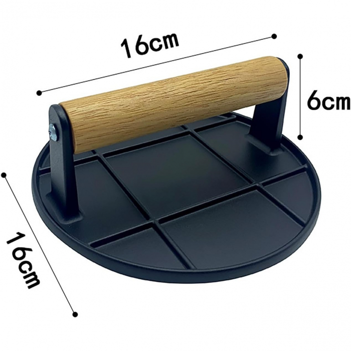 Presa Manuala pentru Carne, , din Aliaj de Aluminiu, Maner din Lemn, Presa pentru Burgeri, Usor de Curatat si Folosit, Rotunda, 16x16x6 cm, Neagra [7]