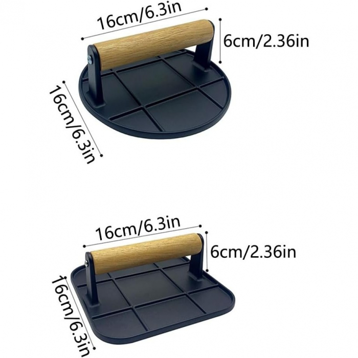 Presa Manuala pentru Carne, , din Aliaj de Aluminiu, Maner din Lemn, Presa pentru Burgeri, Usor de Curatat si Folosit, Rotunda, 16x16x6 cm, Neagra [6]