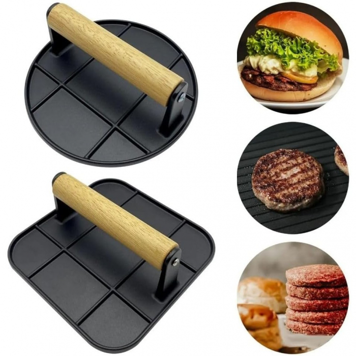 Presa Manuala pentru Carne, , din Aliaj de Aluminiu, Maner din Lemn, Presa pentru Burgeri, Usor de Curatat si Folosit, Rotunda, 16x16x6 cm, Neagra [4]