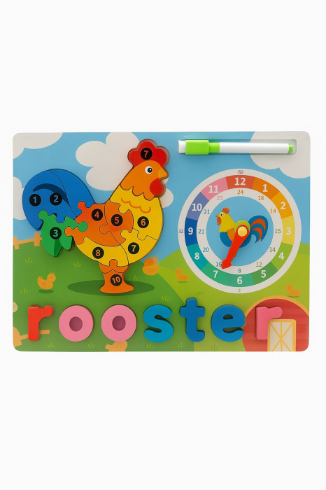 Puzzle din Lemn Educativ cu Animalut si Ceas – Modele Diferite, 30x22cm [2]