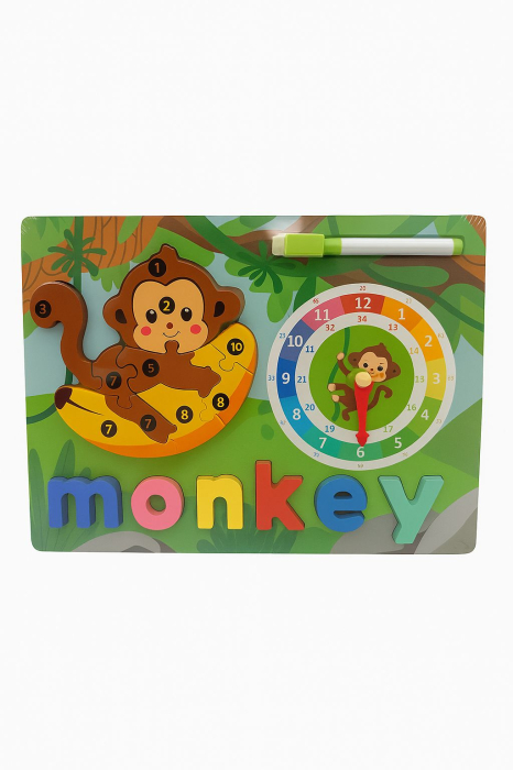 Puzzle din Lemn Educativ cu Animalut si Ceas – Modele Diferite, 30x22cm [1]