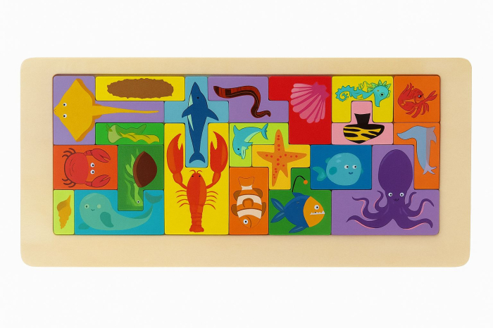 Puzzle Educativ din Lemn Tip Tetris – Modele cu Vehicule, Animale, Dinozauri si Creaturi Marine, 30x13cm [3]