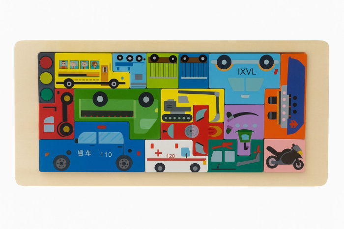 Puzzle Educativ din Lemn Tip Tetris – Modele cu Vehicule, Animale, Dinozauri si Creaturi Marine, 30x13cm [1]