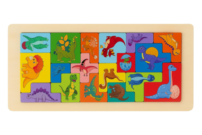 Puzzle Educativ din Lemn Tip Tetris – Modele cu Vehicule, Animale, Dinozauri si Creaturi Marine, 30x13cm [7]