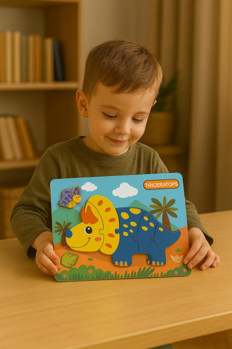 Puzzle din Lemn Educativ pentru Copii – Modele Diverse Dinozauri si Vehicule, 22x17.5cm [2]