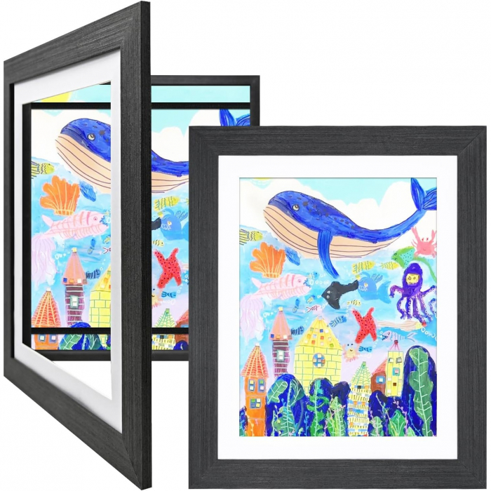 Rama Foto , din Lemn, cu Spatiu Pentru Depozitare, Pentru Desene si Picturi A4, Sticla Securizata, Rama MDF, Negru [2]