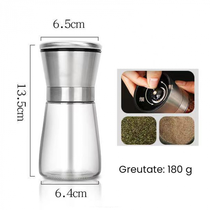 Rasnita Manuala pentru boabe, , Rasnita pentru Piper Sare Cafea, din Sticla cu Otel inoxidabil, 13.5 x 6.5 cm, volum 180 ml, Transparenta cu Capac din Inox [2]
