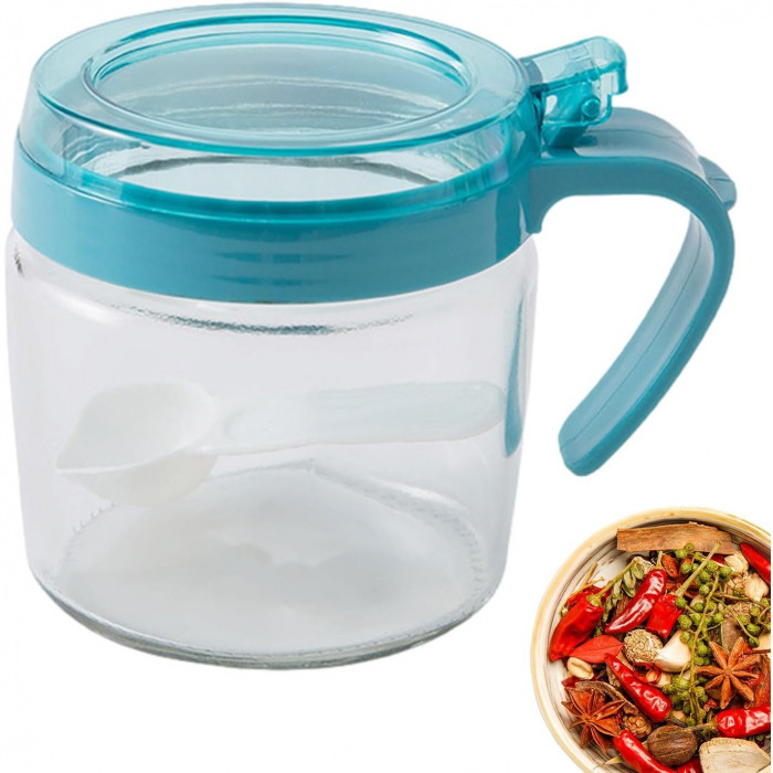 Recipient Condimente, , din Stilca, 180 ml, cu Maner si Lingurita, 8 x 9 cm, Capac Transparent, Albastru [6]