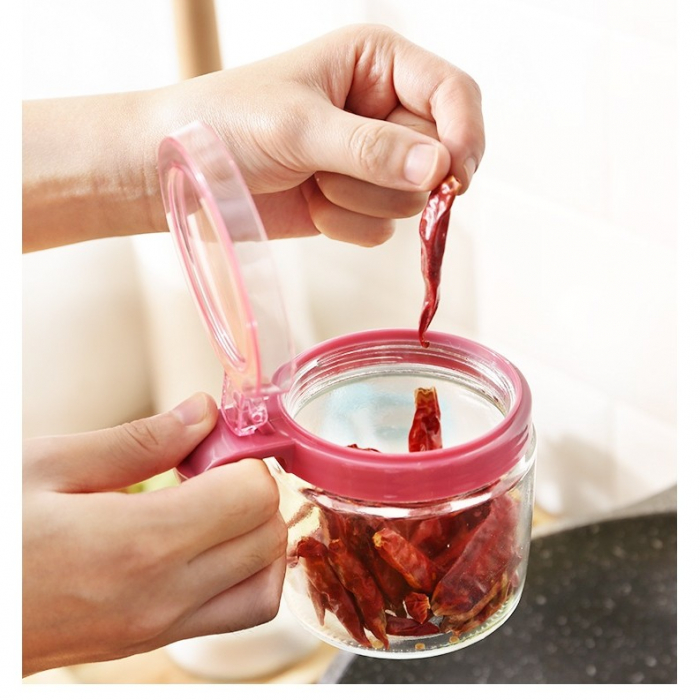 Recipient Condimente, , din Stilca, 180 ml, cu Maner si Lingurita, 8 x 9 cm, Capac Transparent, Roz [2]