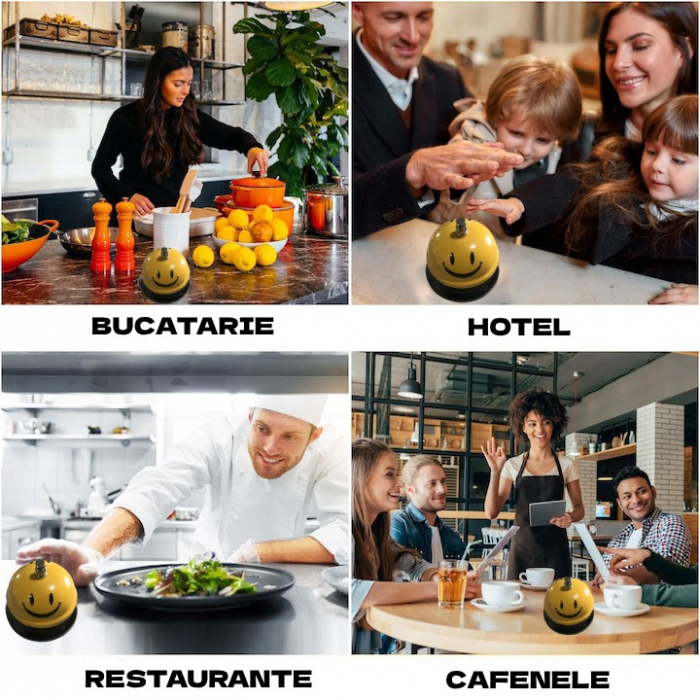 Clopotel Metalic Multifunctional, , Galben cu Imprimeu Smiley Face, 7.5x7.5x6.5 cm, Receptie, Restaurant, Cafenele [2]