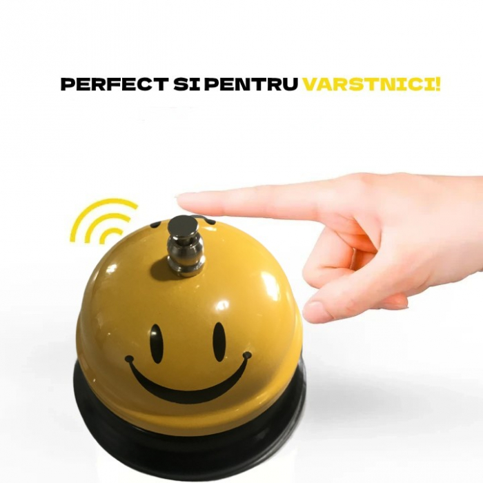 Clopotel Metalic Multifunctional, , Galben cu Imprimeu Smiley Face, 7.5x7.5x6.5 cm, Receptie, Restaurant, Cafenele [4]