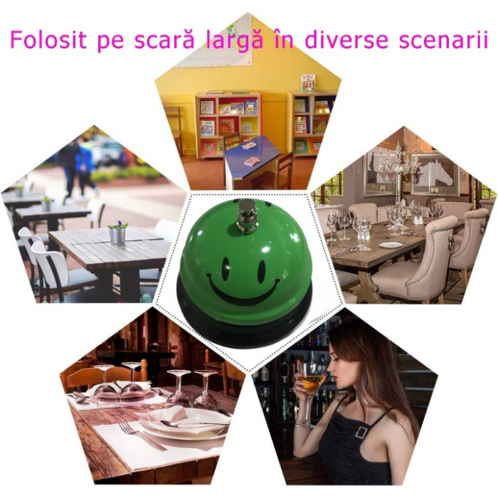 Clopotel Metalic Multifunctional, , Verde cu Imprimeu Smiley Face, 7.5x7.5x6.5 cm, Receptie, Restaurant, Cafenele [5]