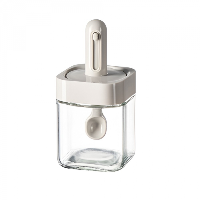 Recipient pentru Depozitarea Condimentelor, , Borcan din Sticla, Capac si Lingura Incorporate, Uz Casnic, 300 ml, 7.1x7.1x14.8 cm, Gri [1]