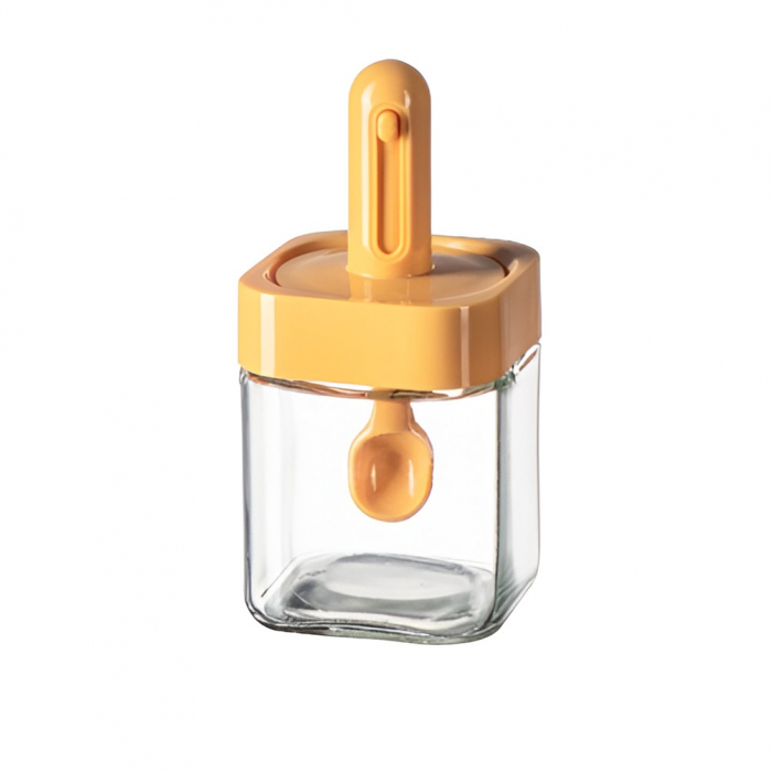 Recipient pentru Depozitarea Condimentelor, , Borcan din Sticla, Capac si Lingura Incorporate, Uz Casnic, 300 ml, 7.1x7.1x14.8 cm, Portocaliu [1]