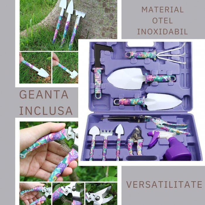 Set 10 accesorii pentru gradinarit , geanta depozitare inclusa, otel inoxidabil, 37 x 28 cm, mov [5]