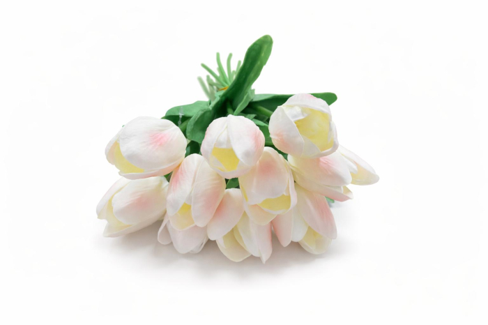 Set 10 lalele artificiale alb cu roz delicat soft touch, fir individual, 33cm [4]