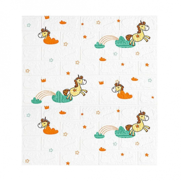 Set 10 Placi Tapet 3D, , 70 x 77 cm, Grosime 3 mm, din Polietilena, Tip Caramida, Model Unicorni, Suprafata acoperita 5.3 mp, Alb [1]