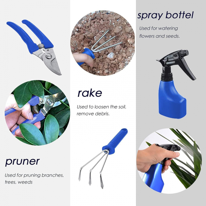 Set 10 Unelte de Gradina, , pentru Plantare Prelucrare Sol si Ingrijire Plante, Manere Albastre, Material PVC si Otel Inoxidabil, Cutie Inclusa, 37x28x7 cm, Negru [4]