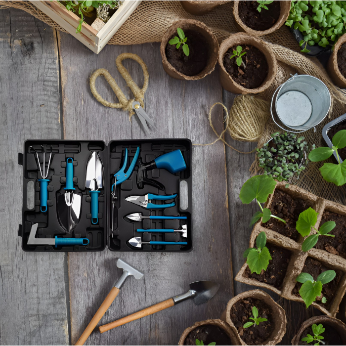 Set 10 Unelte de Gradina, , pentru Plantare Prelucrare Sol si Ingrijire Plante, Manere Albastre, Material PVC si Otel Inoxidabil, Cutie Inclusa, 37x28x7 cm, Negru [8]