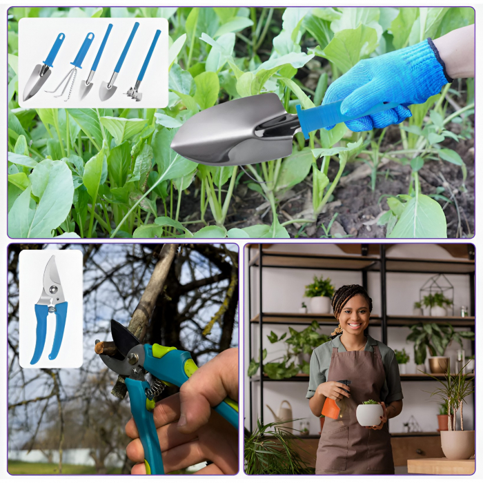 Set 10 Unelte de Gradina, , pentru Plantare Prelucrare Sol si Ingrijire Plante, Manere Albastre, Material PVC si Otel Inoxidabil, Cutie Inclusa, 37x28x7 cm, Negru [9]