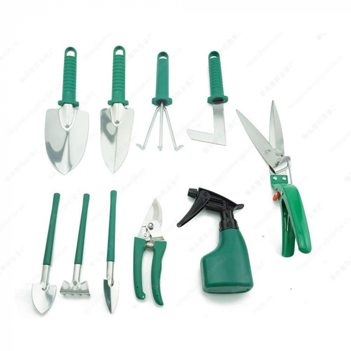 Set 10 Unelte de Gradina, , pentru Plantare Prelucrare Sol si Ingrijire Plante, Manere Verzi, Material PVC si Otel Inoxidabil, Cutie Inclusa, 37x28x7 cm, Negru [4]