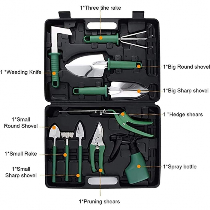 Set 10 Unelte de Gradina, , pentru Plantare Prelucrare Sol si Ingrijire Plante, Manere Verzi, Material PVC si Otel Inoxidabil, Cutie Inclusa, 37x28x7 cm, Negru [6]