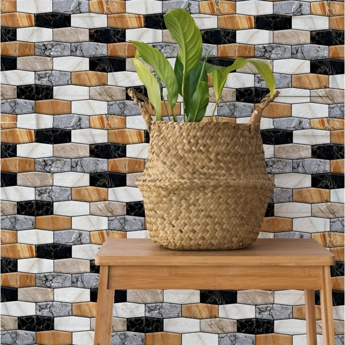 Set 10 x Placi Tapet Autocolant 3D cu Imitatie de Marmura Asimetrica,  pentru Perete Bucatarie Sufragerie, Usor de Curatat, Rezistent la Apa, Autoadeziv, 30x30 cm, Maro Gri Negru [6]