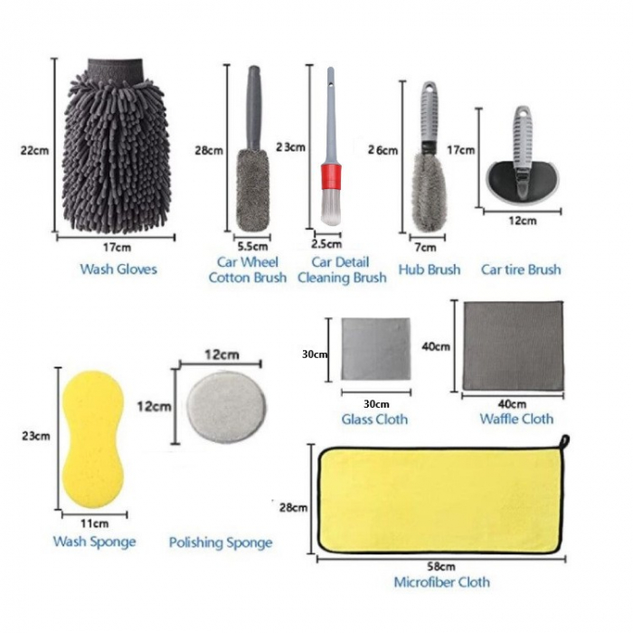Set 12 Accesorii pentru Curatare Auto, , Interior si Exterior, Curatare Jante, Cauciucuri, Gri [3]