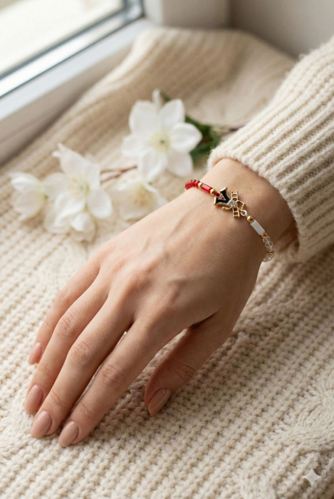 Set 12 Bratari Martisor cu Cosar Auriu si Strasuri, Margele Rosii si Albe, 20x11 cm [3]