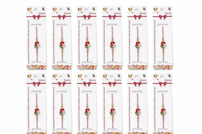 Set 12 bratari martisor cu floricica alb rosu, snur reglabil si detalii metalice [5]