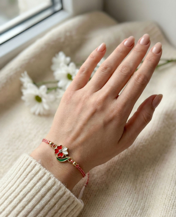 Set 12 bratari martisor cu floricica alb rosu, snur reglabil si detalii metalice [3]
