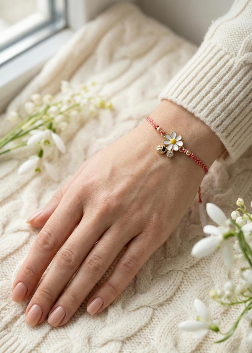 Set 12 bratari martisor cu simbol margareta si snur rosu alb, ambalate individual [3]