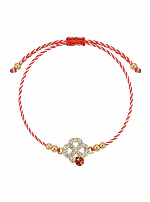 Set 12 bratari martisor cu trifoi si buburuza, simbol noroc, snur reglabil alb-rosu [2]