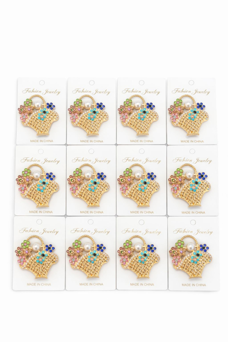 Set 12 Brose Martisor, 5 cm, Geanta cu flori si cristale multicolore, Cadou 1 Martie [2]