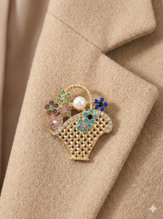 Set 12 Brose Martisor, 5 cm, Geanta cu flori si cristale multicolore, Cadou 1 Martie [3]