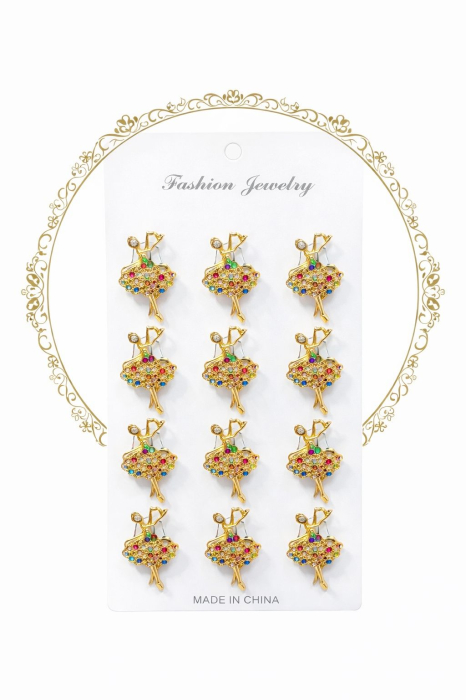 Set 12 brose Martisor pe carton prezentare, 17x10 cm, Cadou 1 Martie, Balerina cu strasuri [2]