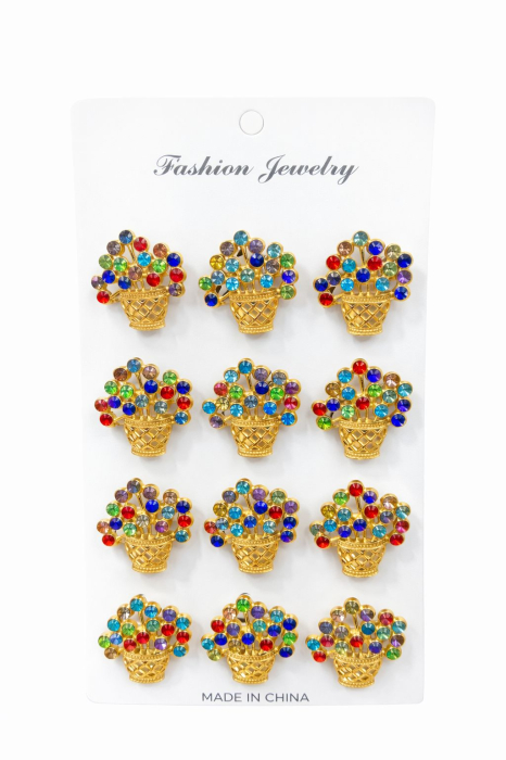 Set 12 brose Martisor pe carton prezentare, 17x10 cm, Cadou 1 Martie, Cos cu flori multicolore [1]