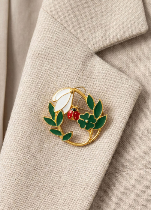 Set 12 brose Martisor pe carton prezentare, 17x10 cm, Cadou 1 Martie, Ghiocei cu buburuza [3]